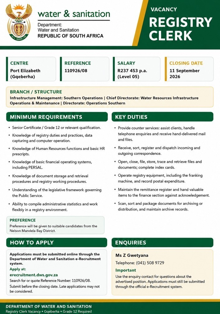 Department of Water and Sanitation Registry Clerk Vacancy