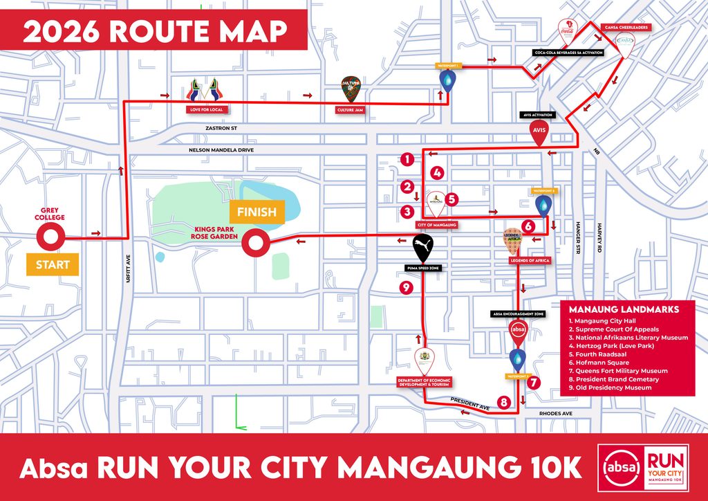 Absa RUN YOUR CITY MANGAUNG 10K Route Map with Landmarks 2026