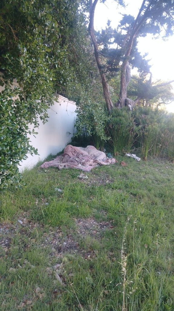 Makeshift camping area photographed during Overstrand Municipality patrols near Hermanus
